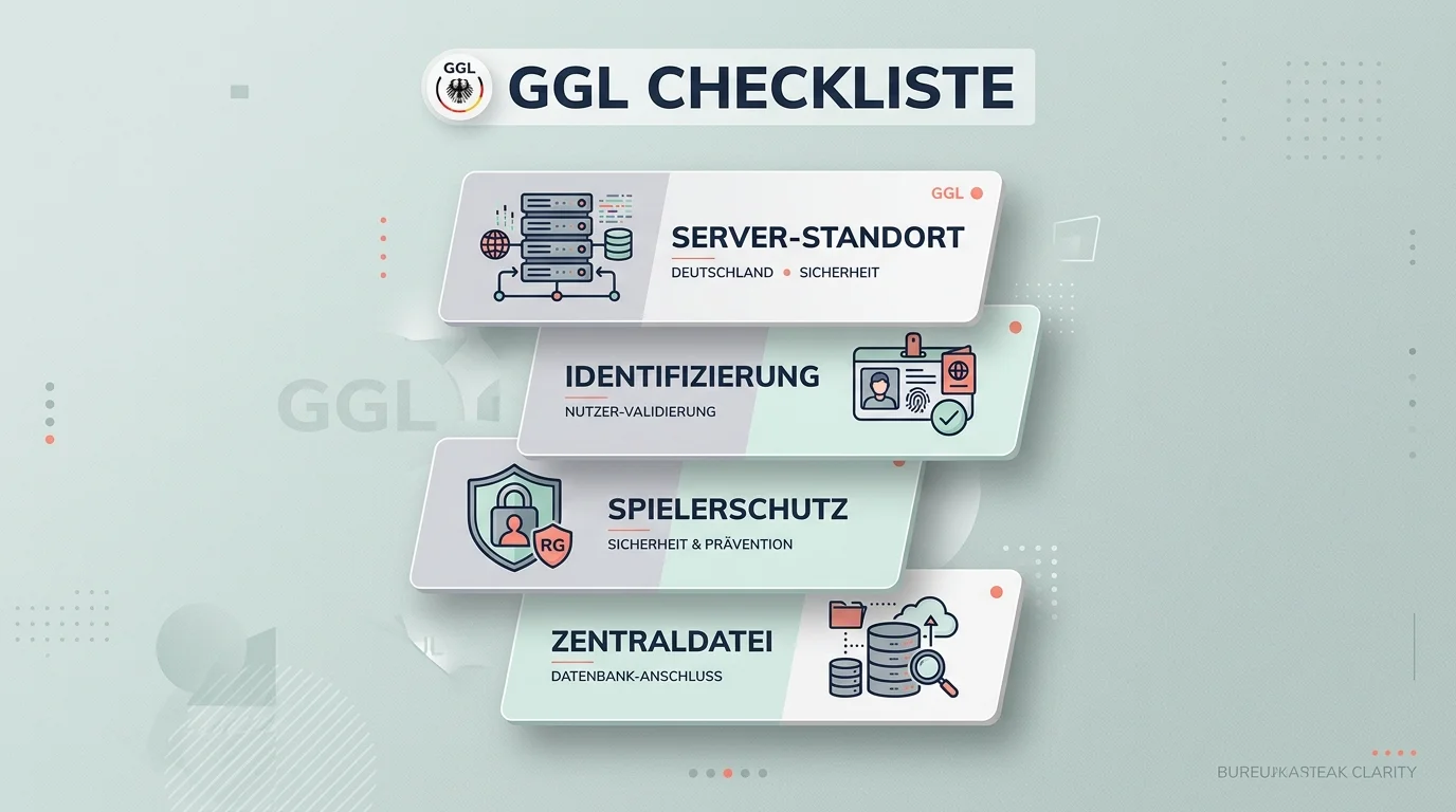 Stilisierte Checkliste der Anbieterpflichten unter dem GlüStV 2021 mit Server-, Identifizierungs- und Aufsichtssymbolen