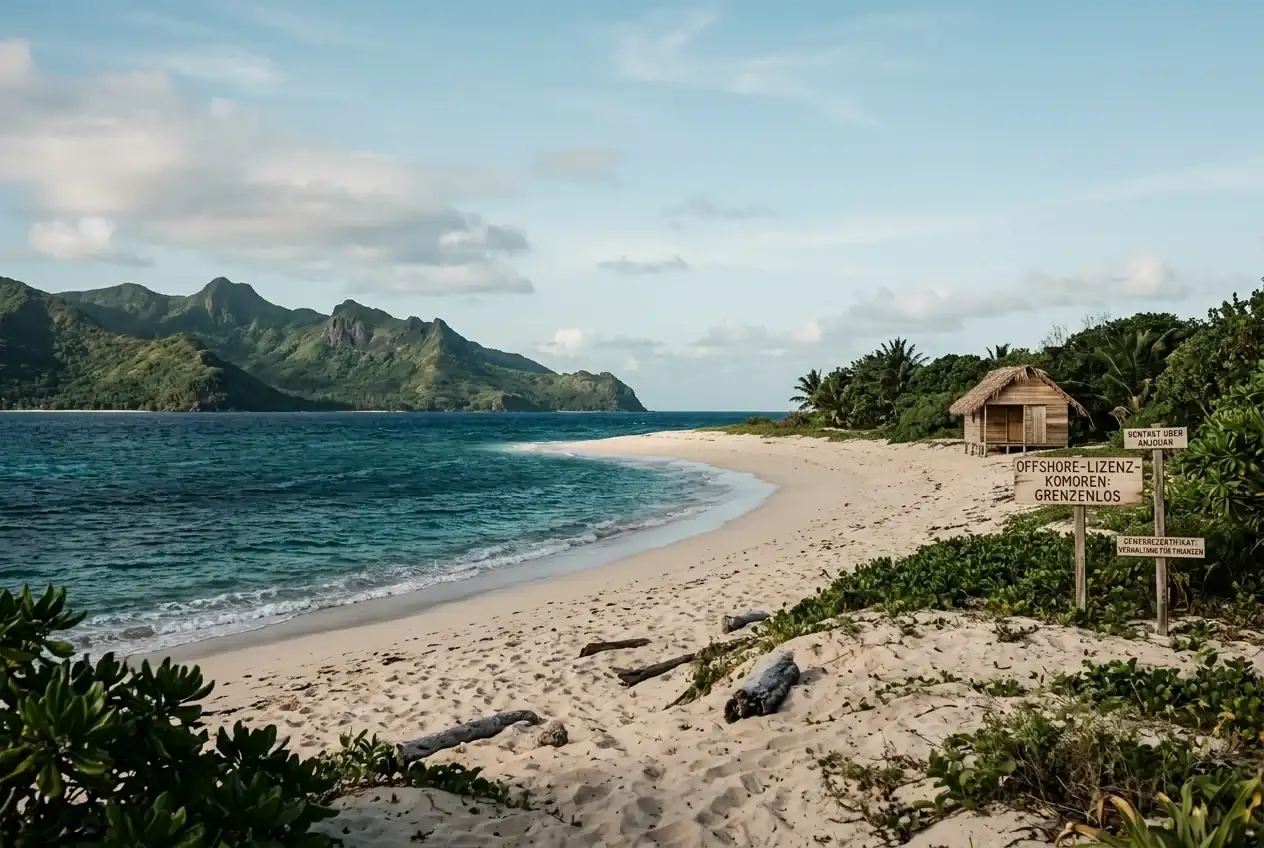 Symbolische Darstellung einer kleinen Insel im Indischen Ozean mit minimaler Bebauung und tropischer Küstenlinie