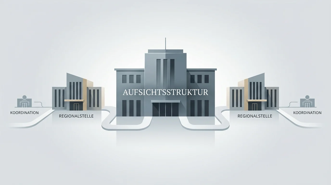 Visualisierung der institutionellen Aufsichtskette von GGL, Regierungspräsidium Darmstadt und Landeskoordinierungsstellen