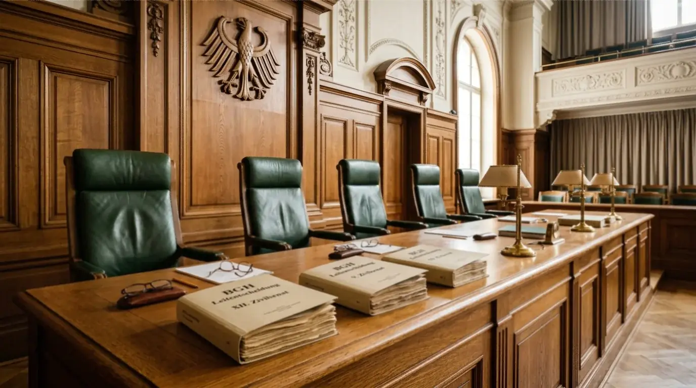 Stilisierte Karlsruher Gerichtsszene mit Senatstisch und Verfahrensakten als Symbol für das BGH-Leitverfahren