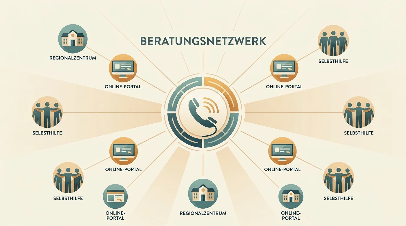 Visualisierung des bundesweiten Beratungsnetzes mit Hotline-Symbol, Online-Portal und regionalen Beratungsstellen