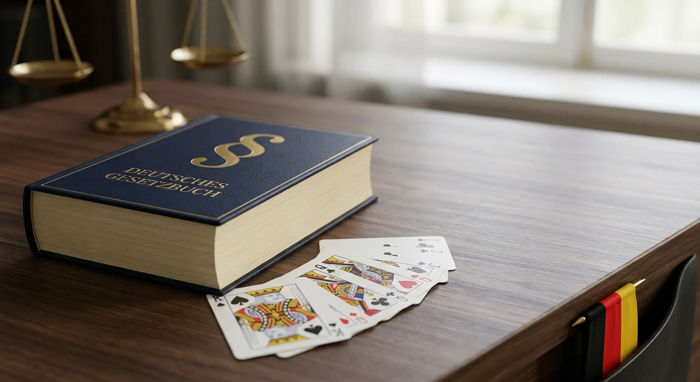 Deutscher Bundesadler, Paragrafensymbol und Spielkartensymbole als redaktionelles Schlüsselbild zum Themenfeld Casino ohne Lizenz in Deutschland
