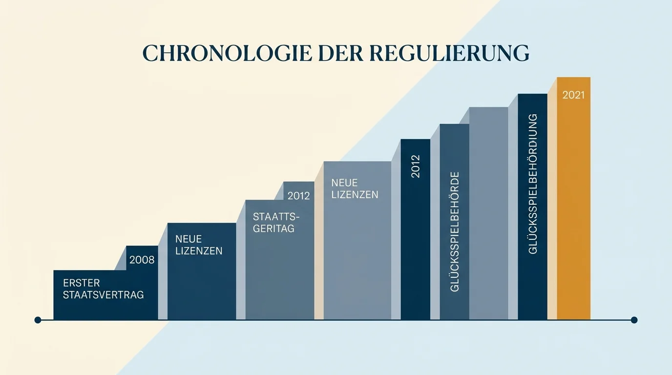 Horizontale Zeitleiste der deutschen Online-Glücksspielregulierung von 2008 bis 2026 mit den zentralen Gesetzgebungs- und Rechtsprechungsereignissen