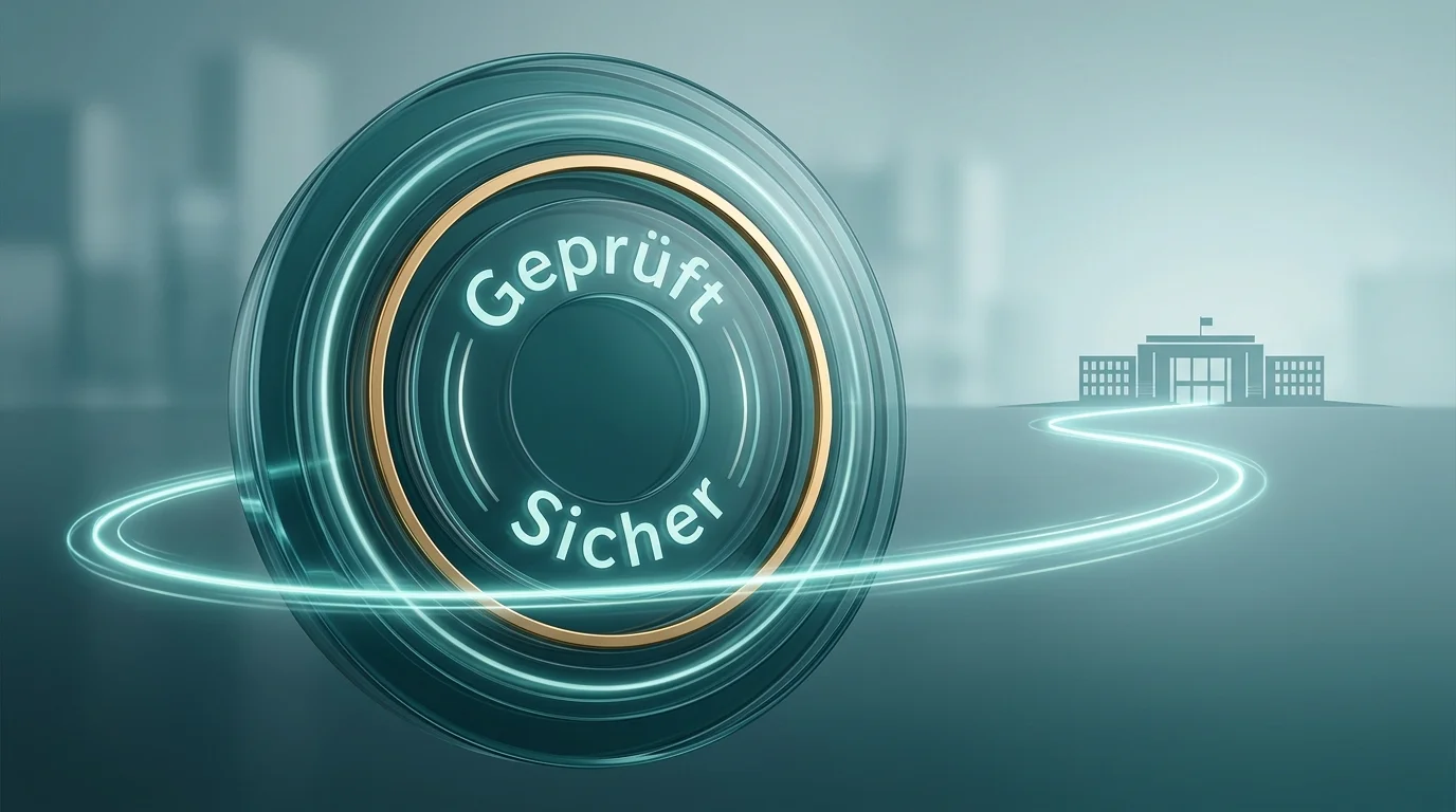 Konzeptionelle Visualisierung eines dynamischen Lizenzsiegels mit Verifikationspfad zur Aufsichtsbehörde