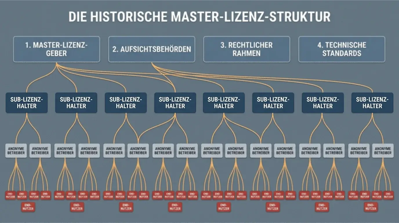 Schematische Darstellung des historischen Curaçao-Sublizenzmodells mit vier Master-Lizenzhaltern und nachgelagerten Operatoren