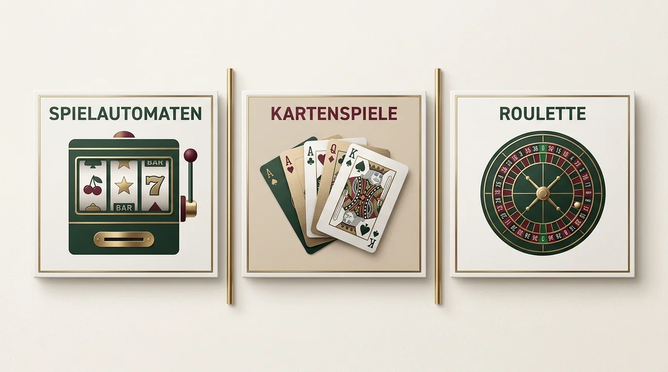 Drei abgegrenzte Felder symbolisieren virtuelle Automatenspiele, Online-Poker und Online-Casinospiele im engeren Sinne