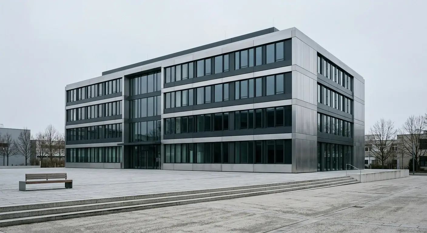 Symbolische Darstellung einer deutschen Aufsichtsbehörde als modernes Verwaltungsgebäude mit Stahlfassade