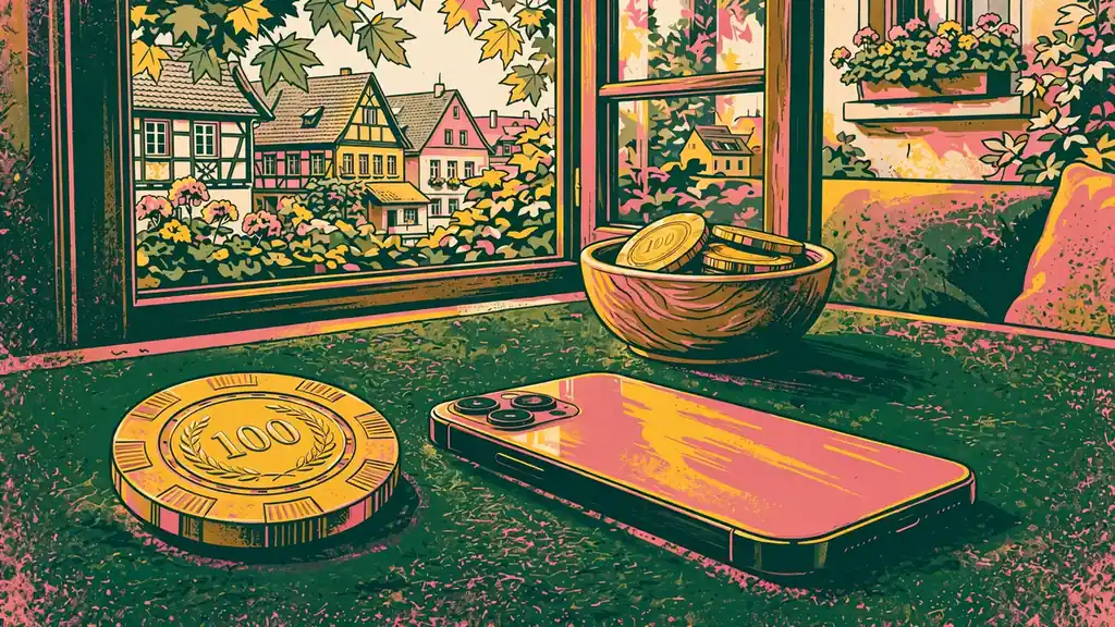Goldene Casino-Chips neben einem Smartphone auf grünem Filztisch