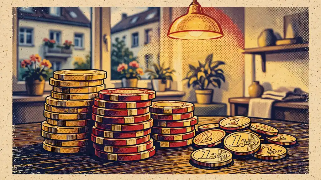 Gestapelte Casino-Chips und Euromünzen auf Holztisch im warmen Wohnzimmerlicht