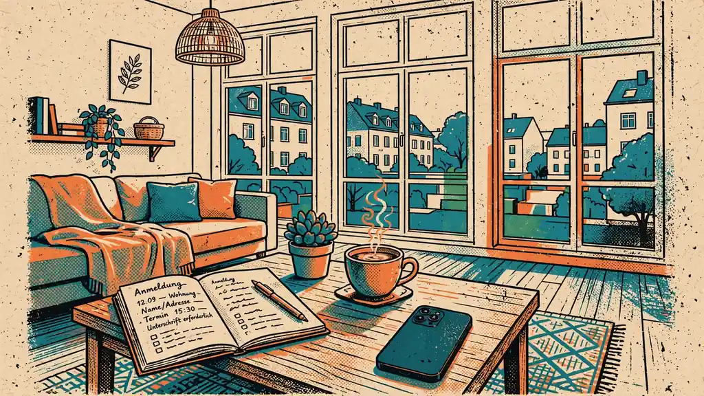 Helles deutsches Wohnzimmer mit Smartphone, Kaffeetasse und Notizbuch auf dem Couchtisch.
