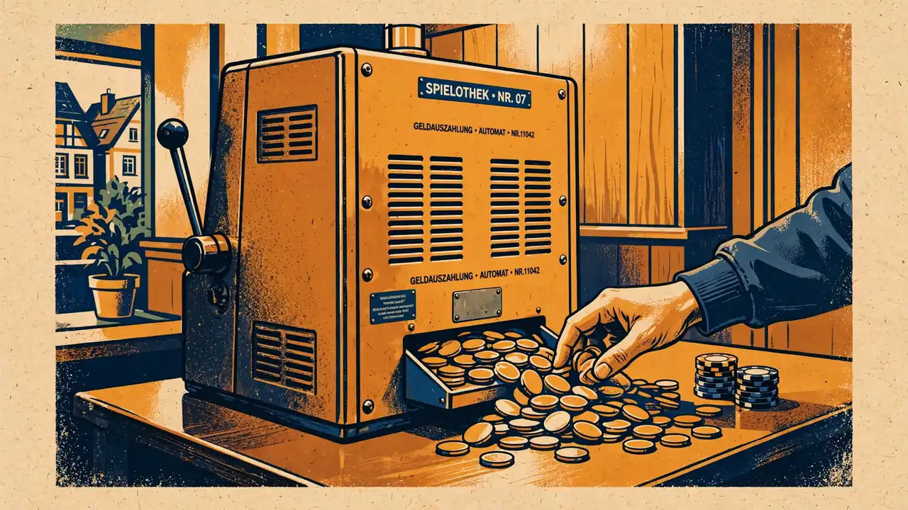 Klassischer Spielautomat in einer deutschen Spielothek mit herausfallenden Goldmünzen