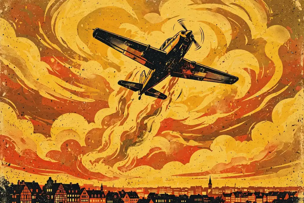 Ein kleines Propellerflugzeug steigt bei Sonnenuntergang durch goldene Wolken über einer europäischen Stadt auf.