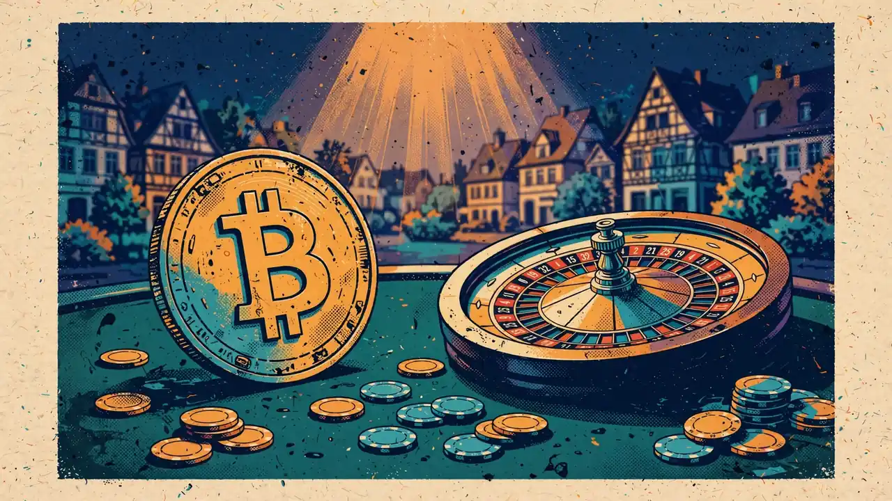 Bitcoin-Münze neben Roulette-Rad und Casino-Chips auf grünem Filztisch.