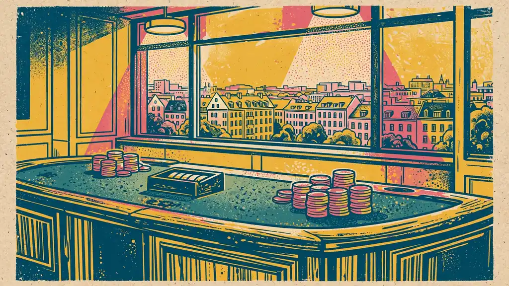 Live-Dealer-Blackjack-Studio mit grünem Spieltisch und Berliner Skyline im Hintergrund