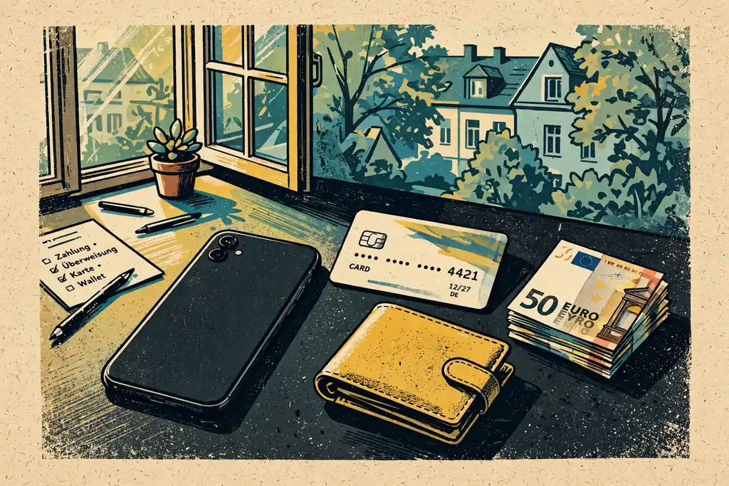 Smartphone mit Geldbörse, EC-Karte und Euro-Scheinen auf einem Schreibtisch