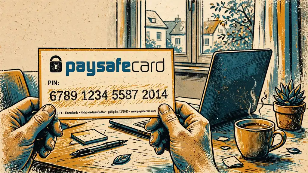 Hände halten einen Paysafecard-Gutschein neben einem Laptop auf einem Schreibtisch.