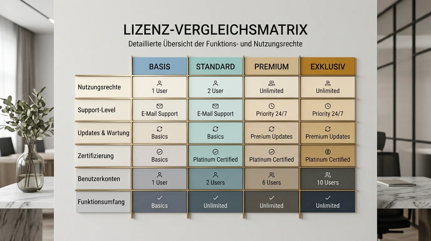 Vergleichsmatrix vierer Lizenzregime mit horizontalen Achsen für Schutzniveau, Erreichbarkeit und Sanktionsdichte