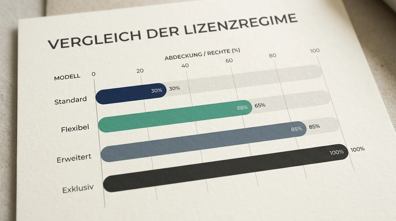 Diagrammatische Darstellung vierer Lizenzregime entlang vergleichender Achsen wie Schutzniveau und Sanktionshärte