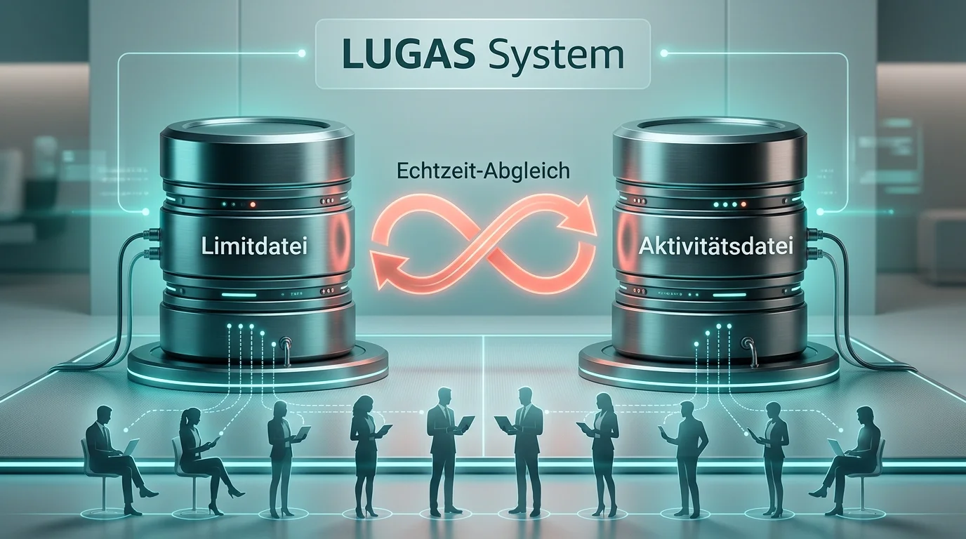 Schematische Darstellung der beiden LUGAS-Teildatenbanken Limitdatei und Aktivitätsdatei mit Echtzeitabfragepfeilen