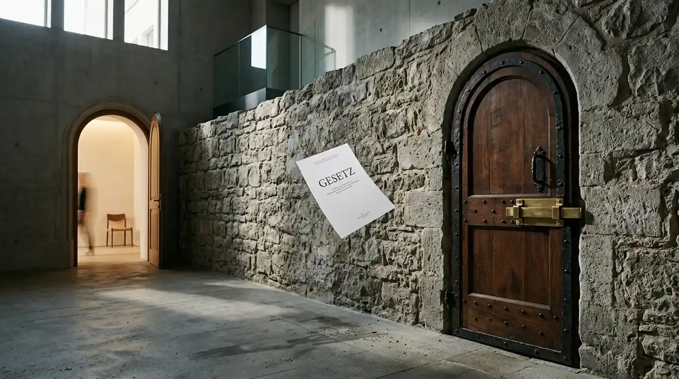 Stilisierte Wand mit zwei verbundenen Türen, eine offen, eine geschlossen, als Symbol für Vollstreckungshindernis