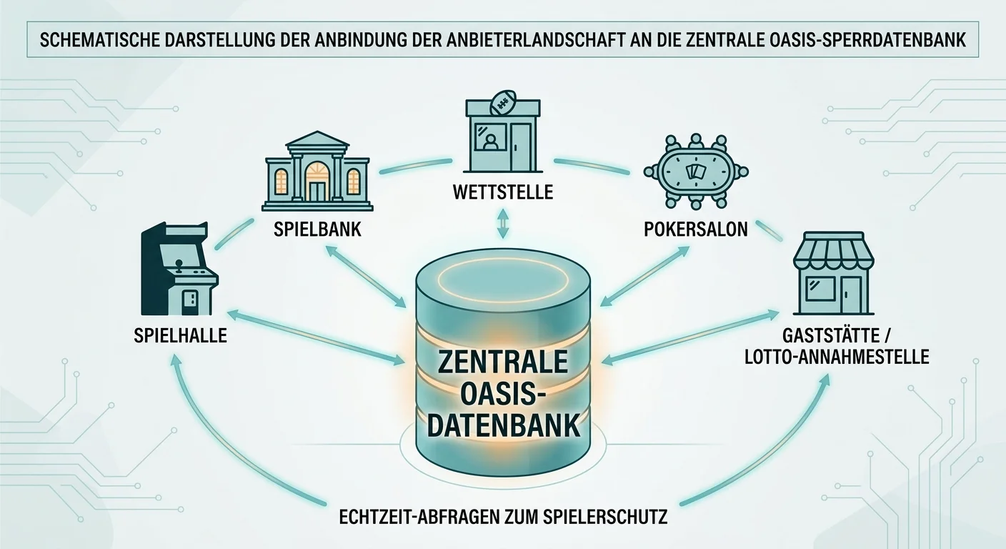 Schematische Anbindung von Online-Casinos, Sportwetten, Spielbanken, Spielhallen und Wettannahmestellen an das zentrale OASIS-Register