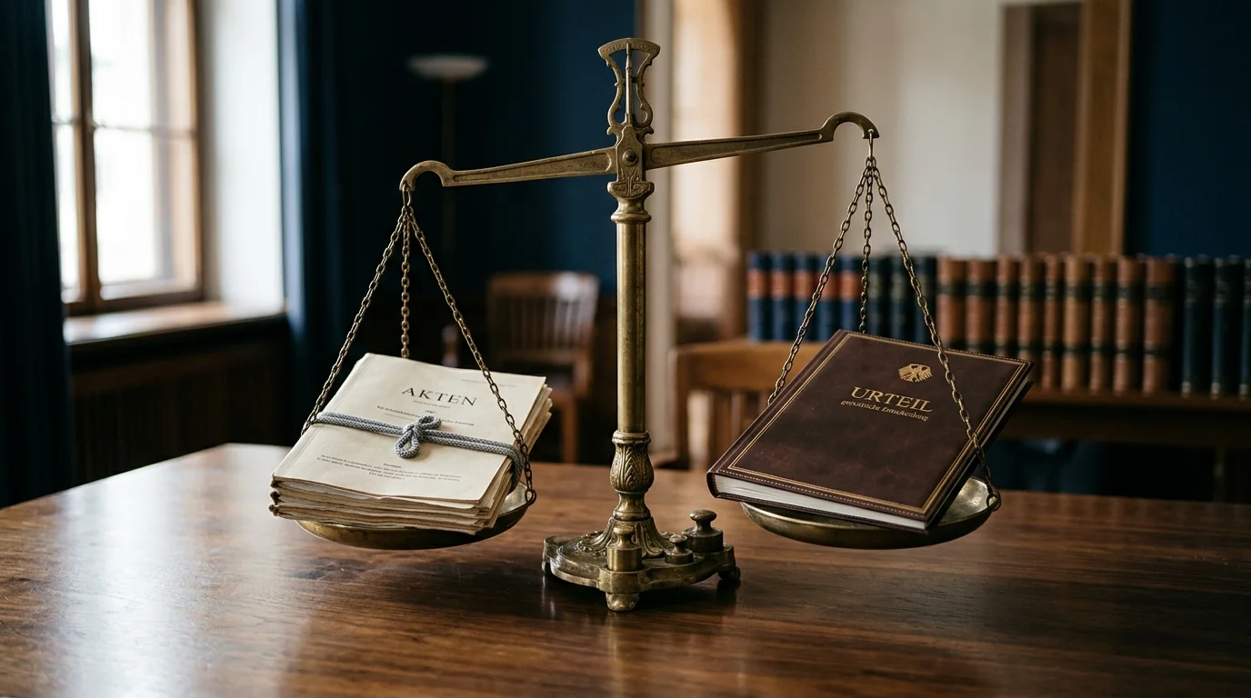 Stilisierte Waage mit zwei Schalen, links Verträge, rechts Gerichtsurteil, als Symbol für die Folgewirkung