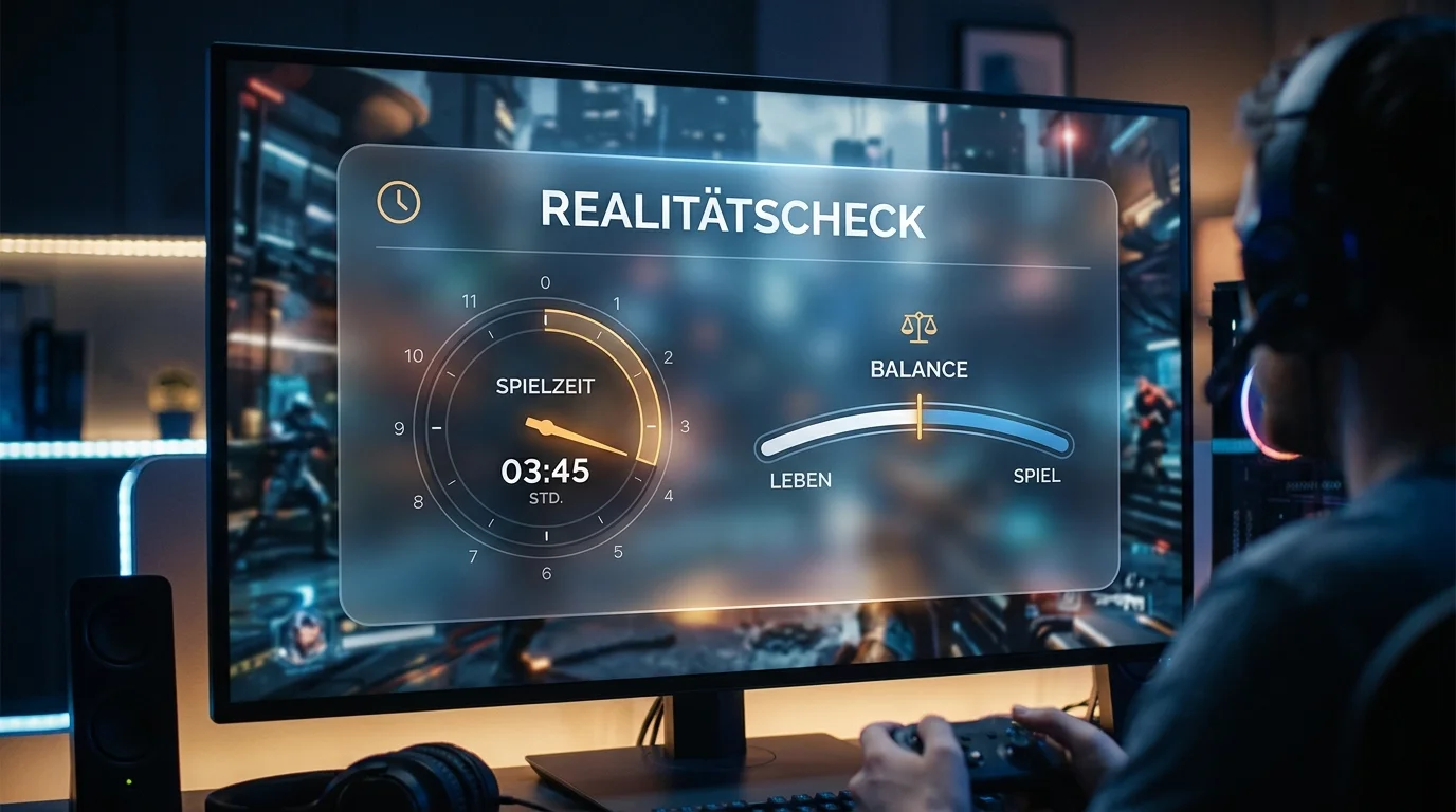 Konzeptionelle Darstellung eines Reality-Check-Fensters mit Zeitanzeige und Einzahlungsstand im Spielablauf