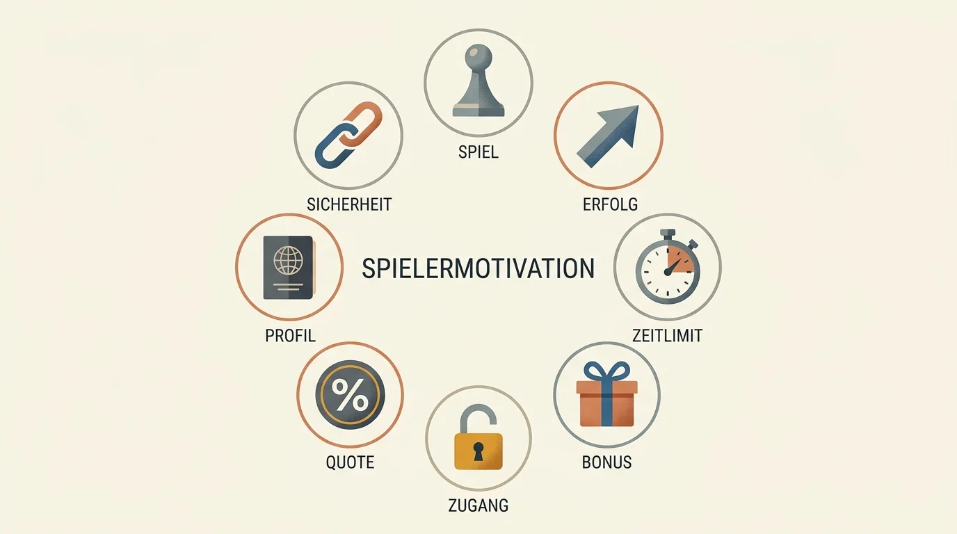 Kreisdiagramm-ähnliche Visualisierung der acht häufigsten Spielermotive für die Suche nach Online-Casinos ohne deutsche Lizenz