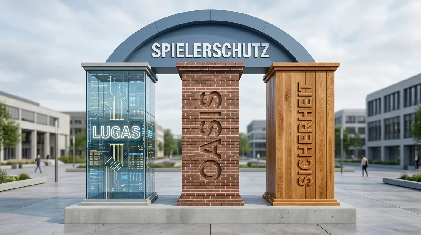 Symbolisches Drei-Säulen-Schutzsystem mit technischen, institutionellen und beratenden Komponenten in geordneter Architektur