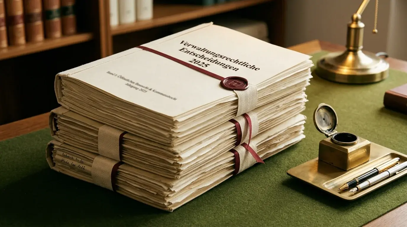 Stilisierte Aktenstapel mit Stempel deuten verwaltungsgerichtliche Entscheidungen zur Glücksspielaufsicht an