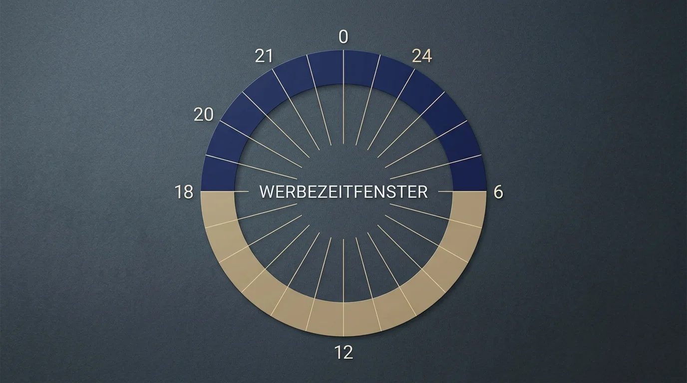 Zeitdiagramm des erlaubten Werbefensters für Glücksspielwerbung zwischen 21 Uhr und 6 Uhr